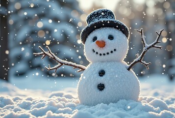 Snowman in Snowy Forest Setting