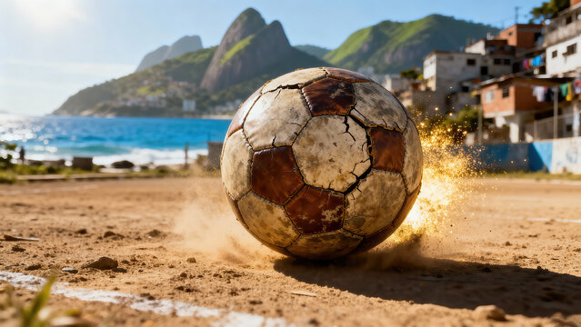 Magical Street Football: Sparkling Ball on a Dirt Field with the Coastline in the Background