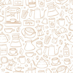 Coffee seamless pattern with cute doodles, cartoon elements for product packaging, wallpapers, backgrounds, wrapping paper, scrapbooking, banners, etc. EPS 10