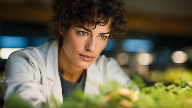 Scientist managing AI-controlled bioreactor producing cultured protein, emotion of curiosity visible, representing biotechnology, sustainable nutrition, and clean industrial food tech. cinematic