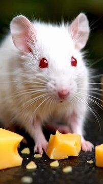 Adorable white mouse eating cheese. Cute pet rodent enjoys tasty snack on dark background. Living environment evokes playful and cheerful atmosphere. Vertical format captures delightful moment.