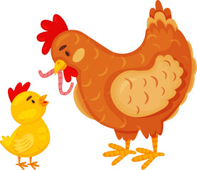 Hen feeding worm to a small chick