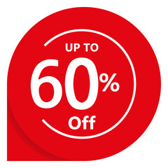 Up to 60 percent off promotional red circular badge design. Vector sticker for retail promotion, limited time offers, and super sales. Isolated PNG asset.