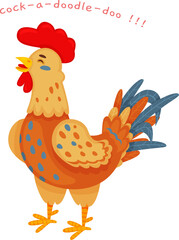 Cartoon rooster crowing cock a doodle doo in morning concept