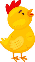 Yellow cartoon chick standing, looking up, opening mouth