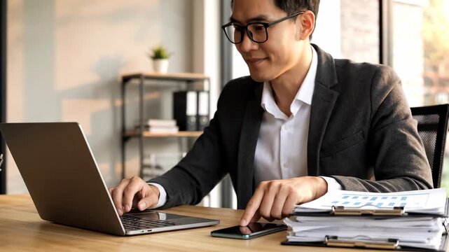 Asian businessman working on a laptop, analyzing financial documents with charts and graphs, and using his smartphone for business communication in a modern, naturally lit office environment - Powered by Adobe