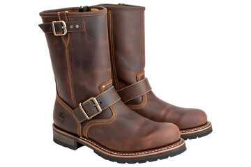 A pair of men's Timberland brown leather engineer motorcycle boots with buckle straps, isolated on a white background