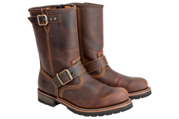 A pair of men's Timberland brown leather engineer motorcycle boots with buckle straps, isolated on a white background