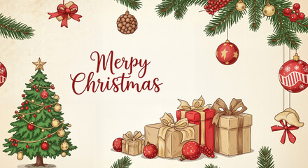 Cheerful Christmas pattern with tree and gifts featuring "Merry Christmas" text