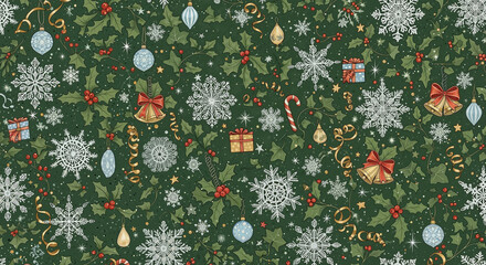 Festive Christmas pattern with snowflakes and gifts on green background