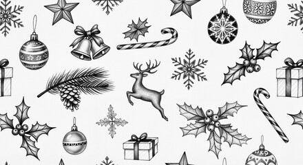 Elegant Christmas pattern featuring black and white decorations and reindeer
