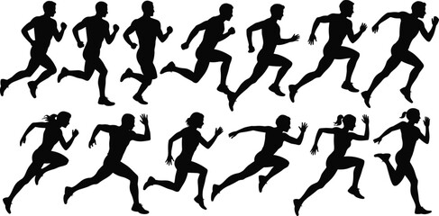 Running silhouettes, athletic motion, dynamic poses, human stride, sports training, jogging figures, fitness movement, track runners, sprint action, exercise illustration