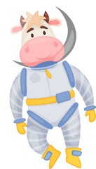 Cartoon cow astronaut flying in outer space