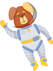 Cute cartoon dog astronaut character floating in spacesuit