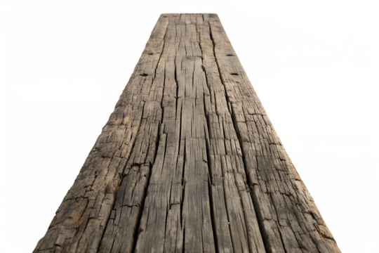 Close-up perspective of a single weathered and aged wooden plank, likely a railroad tie, showcasing its rough texture, cracks, and rustic character against a stark white background