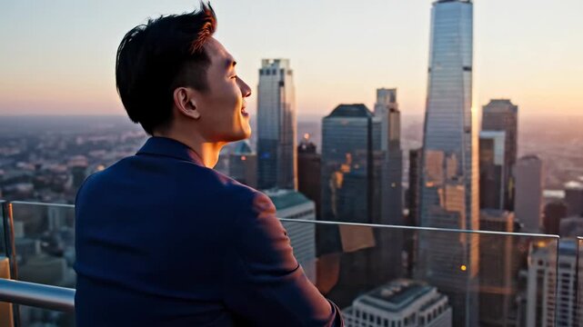 Young asian businessman standing on a skyscraper rooftop, looking out at the magnificent city skyline as the sun sets, feeling a sense of achievement, success, and freedom in the warm light