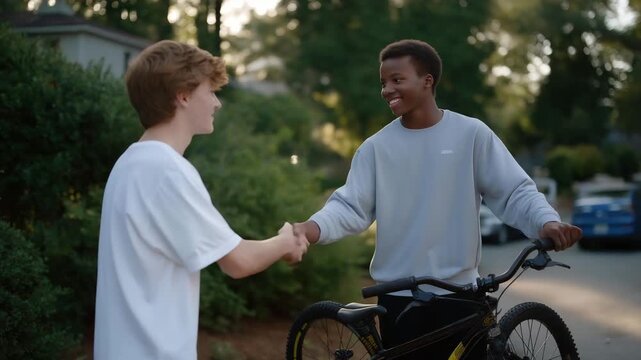 Side view of a teen handing a freshly repaired bike to a grateful neighbor, emphasizing volunteering spirit, intergenerational connection, and proactive goodwill in neighborhoods. cinematic color