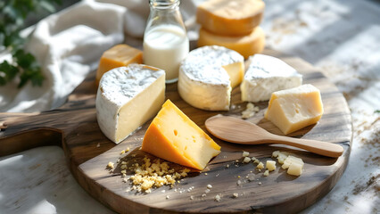 An attractive display of assorted soft and hard cheeses with milk on a rustic wooden board, bathed in bright morning sunlight