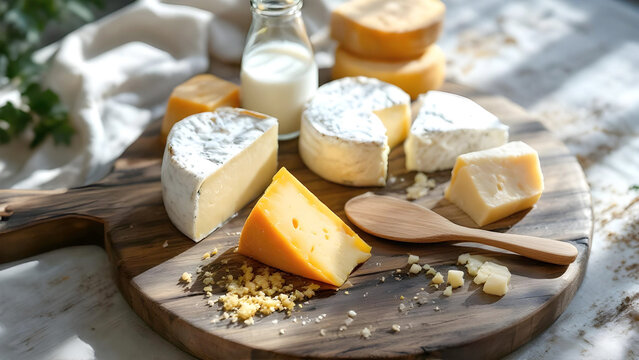 An attractive display of assorted soft and hard cheeses with milk on a rustic wooden board, bathed in bright morning sunlight