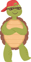 Confident cartoon turtle wearing cap and glasses smiling