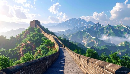 Great Wall of China winds through lush, green mountains under a blue sky with scattered clouds