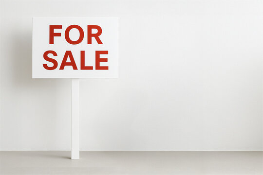 Property agent places prominent red-on-white for sale sign against a clean white studio background, symbolizing real estate listings, housing market activity and investment opportunities