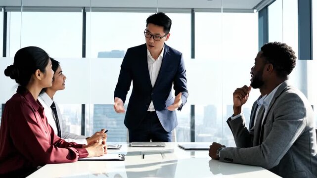 Young asian male executive standing and leading a business meeting, actively speaking with his diverse team of colleagues sitting around a conference table in a modern, sunlit office