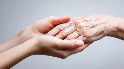 Fototapeta premium Young hands gently holding and supporting an older, wrinkled hand, symbolizing intergenerational connection, care, love, assistance, and family support for senior citizens