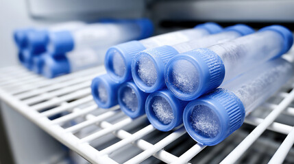 Laboratory vials containing biological samples and showing frost on their blue caps, organized on a white shelf inside an ultra-low temperature freezer for research and clinical use