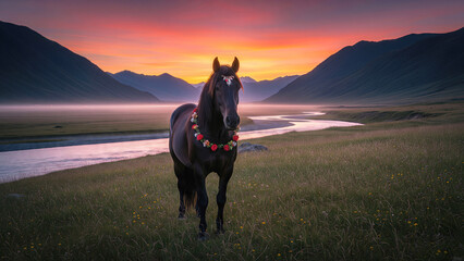 Horse with Flower Garlands in Field at Sunrise
