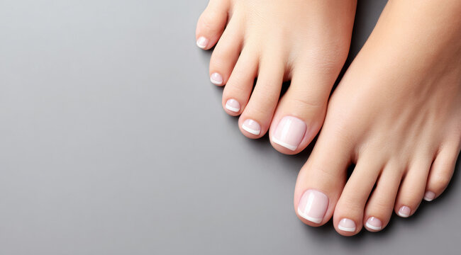 Woman's feet displaying a fresh french pedicure, symbolizing beauty, hygiene, and self-care practices in a clean and minimal background with copy space, highlighting well-groomed toes and healthy skin