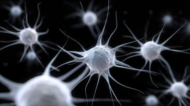 Neuron cells with central bodies and branching dendrites interconnected across a dark background, illustrating complex neural networks, signaling, and brain communication processes