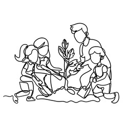 continuous line drawing families planting tree together