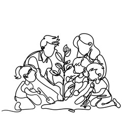 continuous line drawing families planting tree together