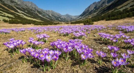 Fototapeta premium Valley vista features a field of purple crocus blooms with mountains in the distance under clear skies
