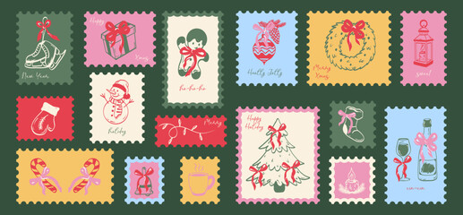 Fototapeta na wymiar Beautiful vintage set of hand-drawn Christmas stamps and stickers with a Christmas tree, bows, glasses of champagne, gifts, gingerbread, baubles, and candy. Xmas celebration postmarks. Vector.