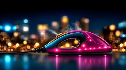 Modern iron with steam on table indoors. Space for text