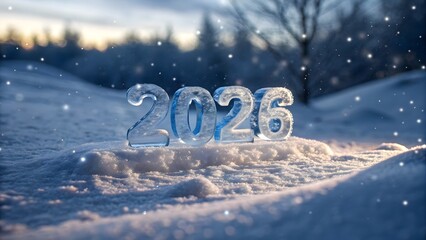 2026 ice numbers glowing in snowy winter landscape with falling snow new year