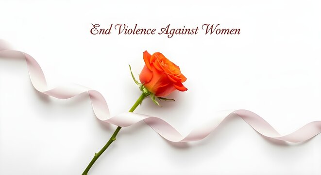 Orange rose with ribbon on white background with end violence against women message displayed above it - Powered by Adobe