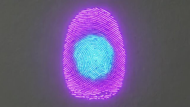 Futuristic forensic analysis scanning a fingerprint with ultraviolet light for criminal identification, revealing detailed ridges for biometric verification and crime scene investigation purposes