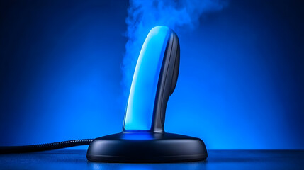 Modern iron with steam on table indoors. Space for text