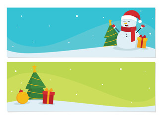 Christmas banner template set featuring seasonal elements like snowman, giftboxes, and pine trees isolated on white background perfect for promotions, advertisements, and seasonal events.