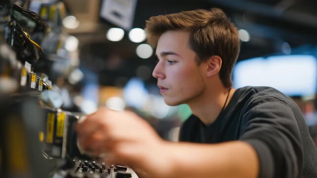 Tech enthusiast examining mining rig setups in a retail environment filled with graphics card brands and digital price tags, emotion of enthusiasm and focus visible, representing the intersection
