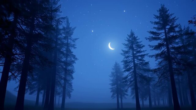 Forest silhouette beneath a starry night sky, with a crescent moon