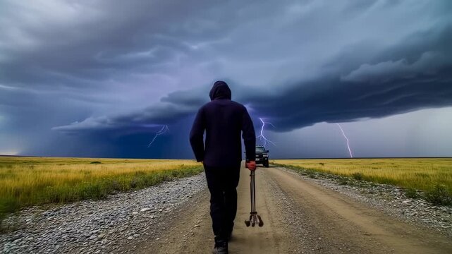 A hooded figure gazes at a stormy sky, lightning flashes over a dirt road, vehicle in distance
