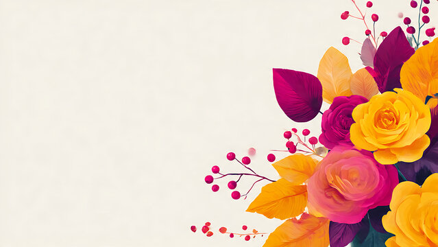Autumn floral corner illustration with yellow and pink roses, colorful fall leaves and berries.