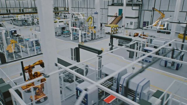Automated Factory Floor With Robots. Modern Automated Factory Floor Shows Multiple Robotic Arms and Conveyor Belts Working Synchronously. Concept of Industry 4.0, Advanced Manufacturing. High Angle.