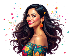 Cheerful Young Woman in Festive Patterned Outfit