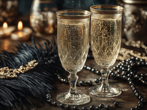 Two 1920s style champagne flutes with black feathers and pearls