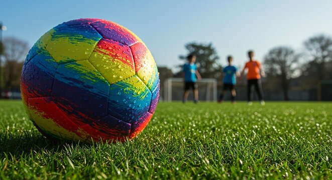 A colorful soccer ball sits on a lush green field with children playing in the background on a sunny day